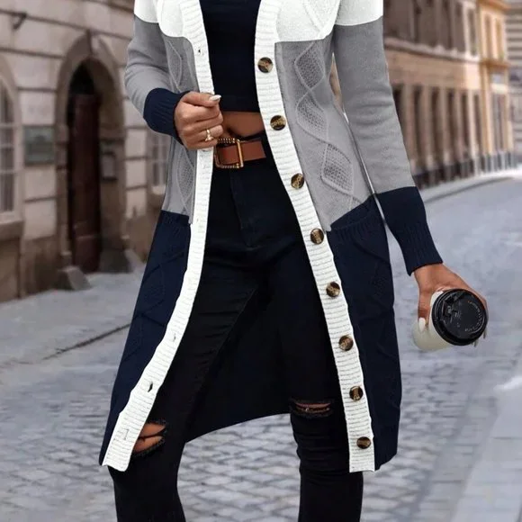 Color Block Dual Pocket Button Front Cardigan - Picture 6 of 6